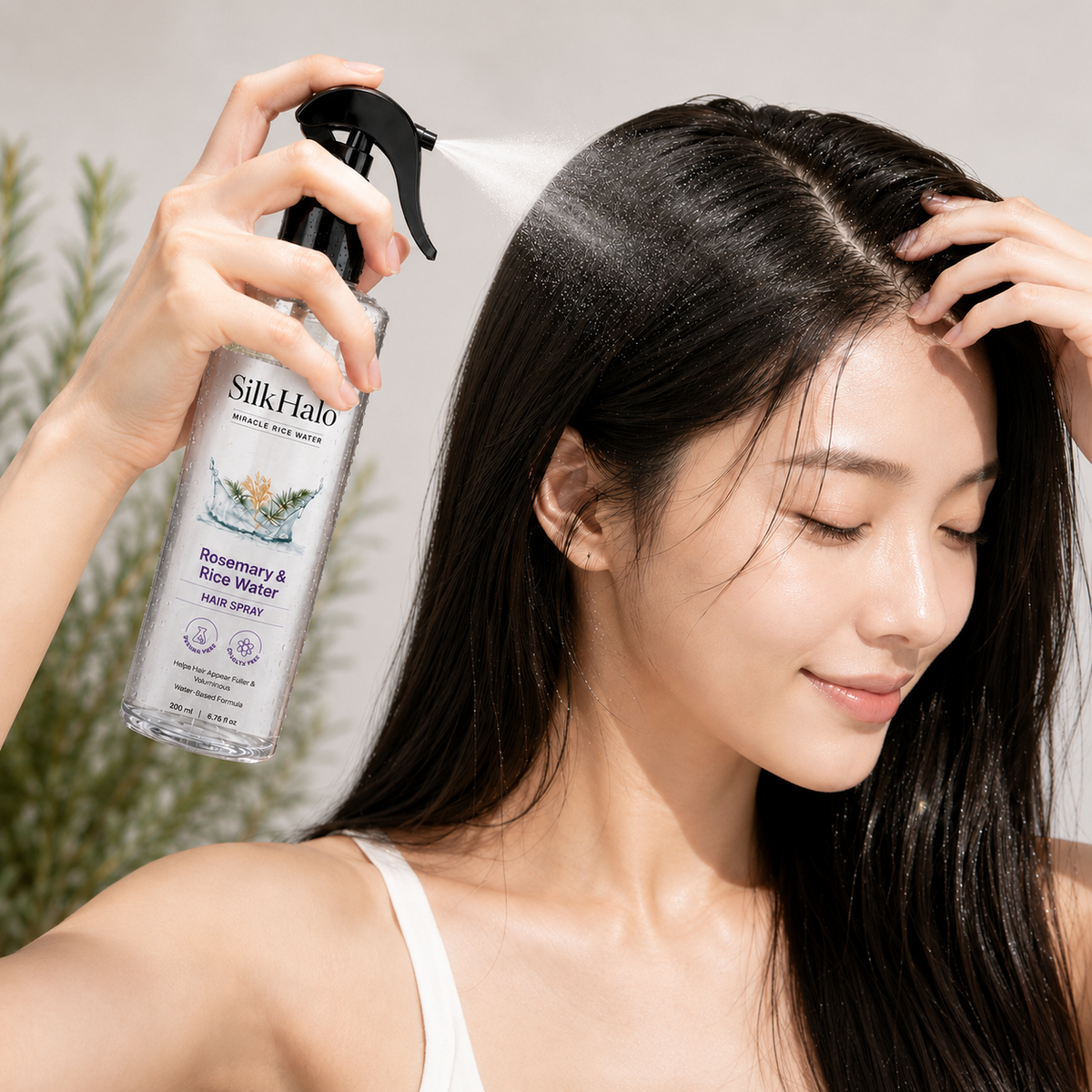 A woman applying SilkHalo Rice Water