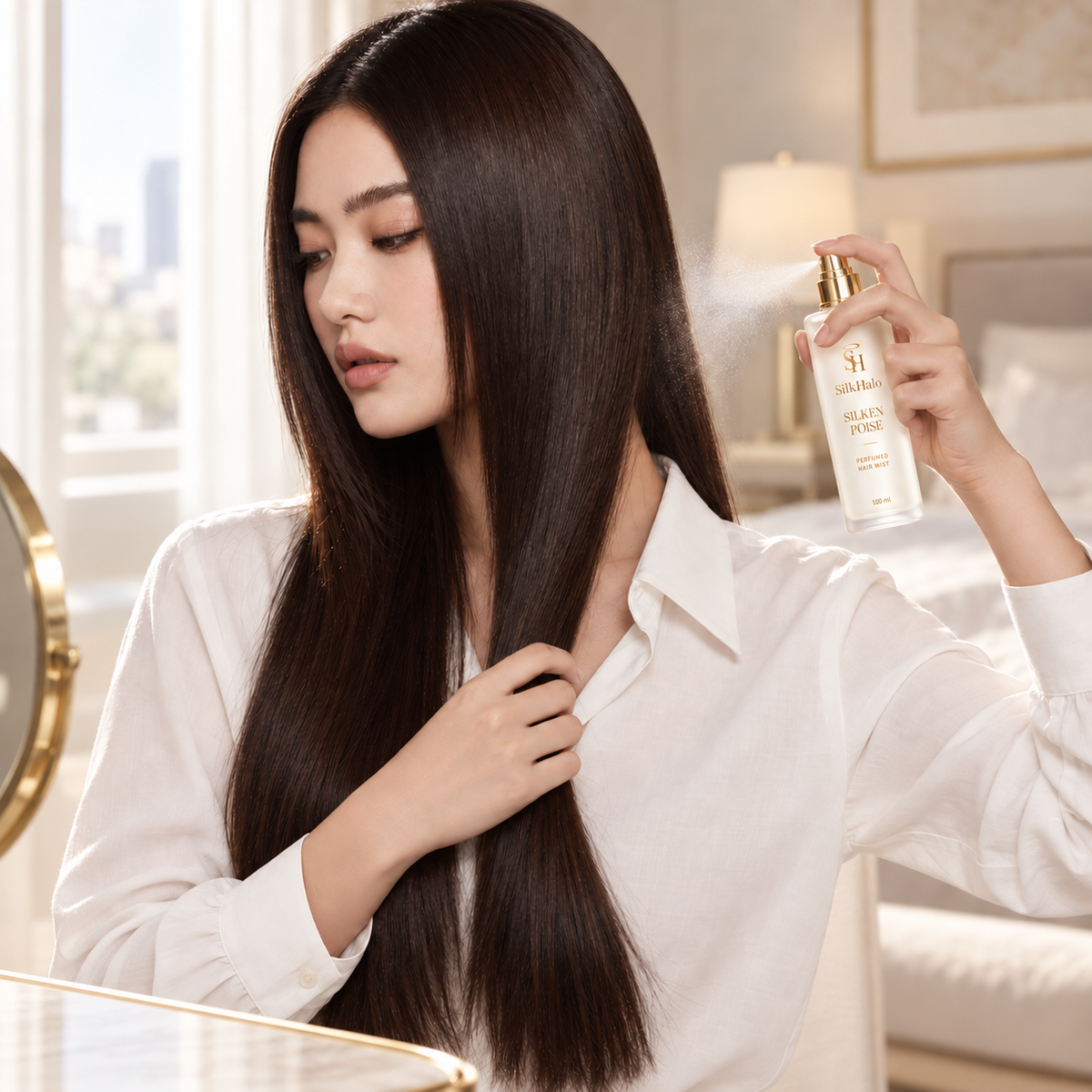 Woman applying SILKHALO perfumed hair mist